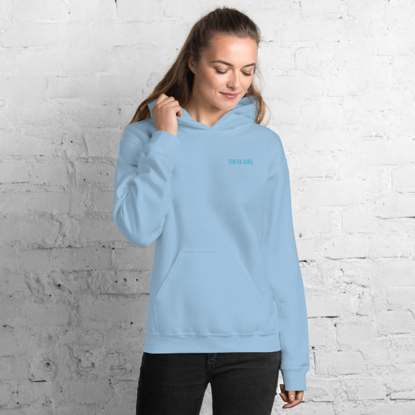 Theta Girl Unisex Pull Over Hoodie (blue text/white logo)